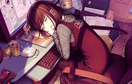  深色头发 原创人物 动漫女孩 电脑 平板电脑 睡眠 椅子 动漫 AI艺术 绘画 键盘 零食 显示器 素描 罐头 条纹服装 