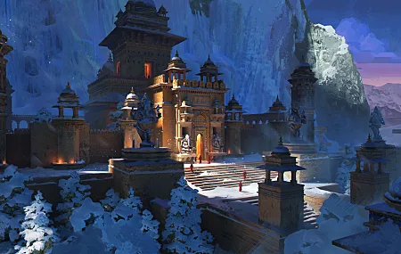 AI艺术 山 树 雪 建筑 寺庙 