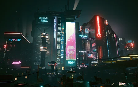 赛博朋克 电子游戏 夜晚 城市 建筑 灯光 日语 