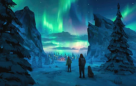 极光 雪 AI艺术 夜 天空 图片 绘画 松树 灯光 