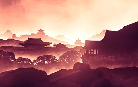AI艺术 插图 建筑 亚洲建筑 风景 自然 树木 黄昏 薄雾 天空 山脉 岩石 户外 