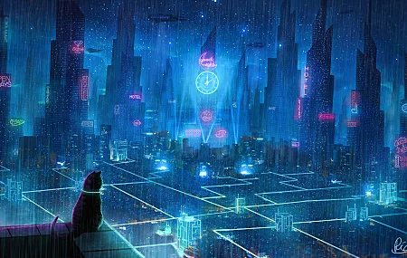 AI艺术 城市 未来主义 猫 奇幻艺术 科幻小说 远望 青色 霓虹灯 