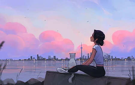 山姆·杨 女孩坐在地上 看着别处 女人 多伦多 云 猫 湖 暮色 天空 水 城市 动物 建筑 鞋子 城市灯光 AI艺术 