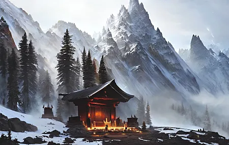 鹿角_无名 艺术 稳定扩散 雪 山 圣地 树木 蜡烛 风景 薄雾 