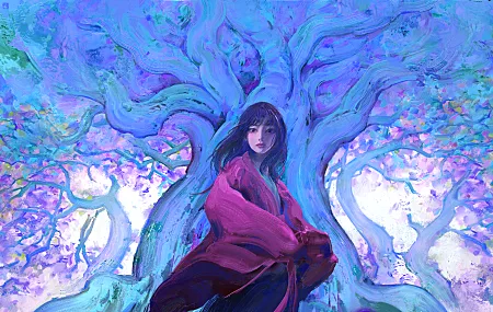 女人 黑发 数码艺术 插图 绘画 蓝色 森林 树木 