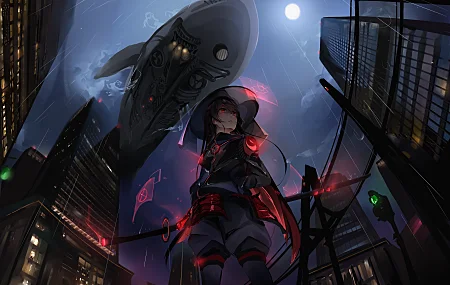 黑发 剑 武士 月亮 武器 齐柏林飞艇 鲸鱼 动漫女孩 黑色背景 霓虹灯 城市 赛博朋克 未来主义城市 低角度