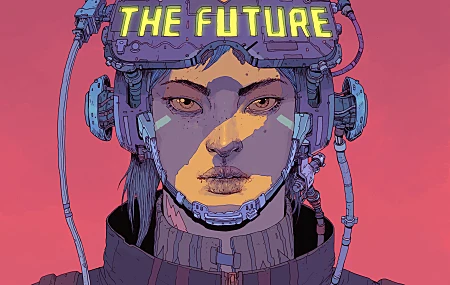  女性 赛博朋克 AI艺术 科幻小说 简单背景 粉色背景 未来主义 绘画 正面视图 肖像 