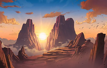  AI艺术 插图 风景 自然 日落 沙漠 岩层 云 鸟 环境 带水印的 天空 夕阳辉光 太阳 