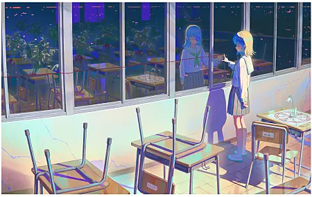 女学生 动漫女孩 校服 反光 教室 窗户 蓝玫瑰 