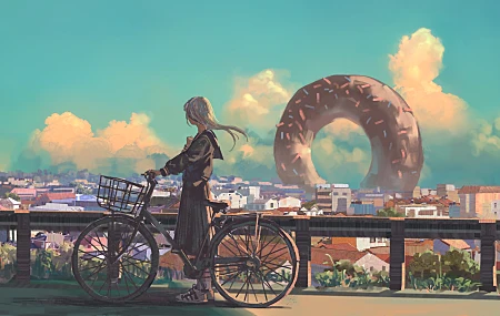 动漫 动漫女孩 自行车 甜甜圈 城市景观 车辆 户外 