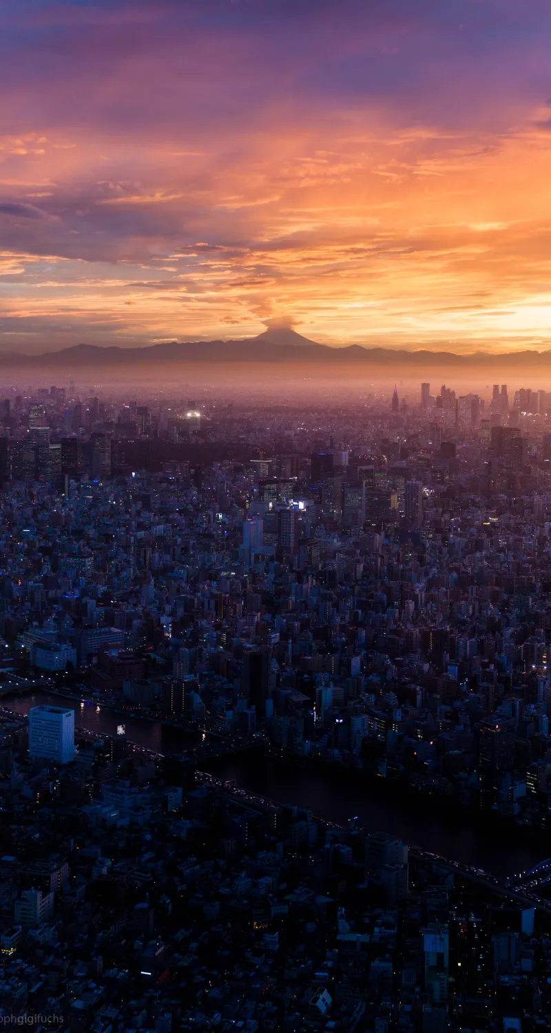 日落 富士山 城市风光 地平线 火山 云彩 东京都 4壁纸