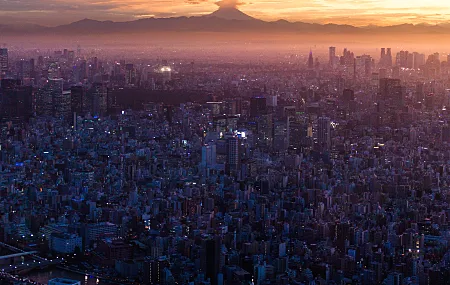 日落 富士山 城市风光 地平线 火山 云彩 东京都 4壁纸