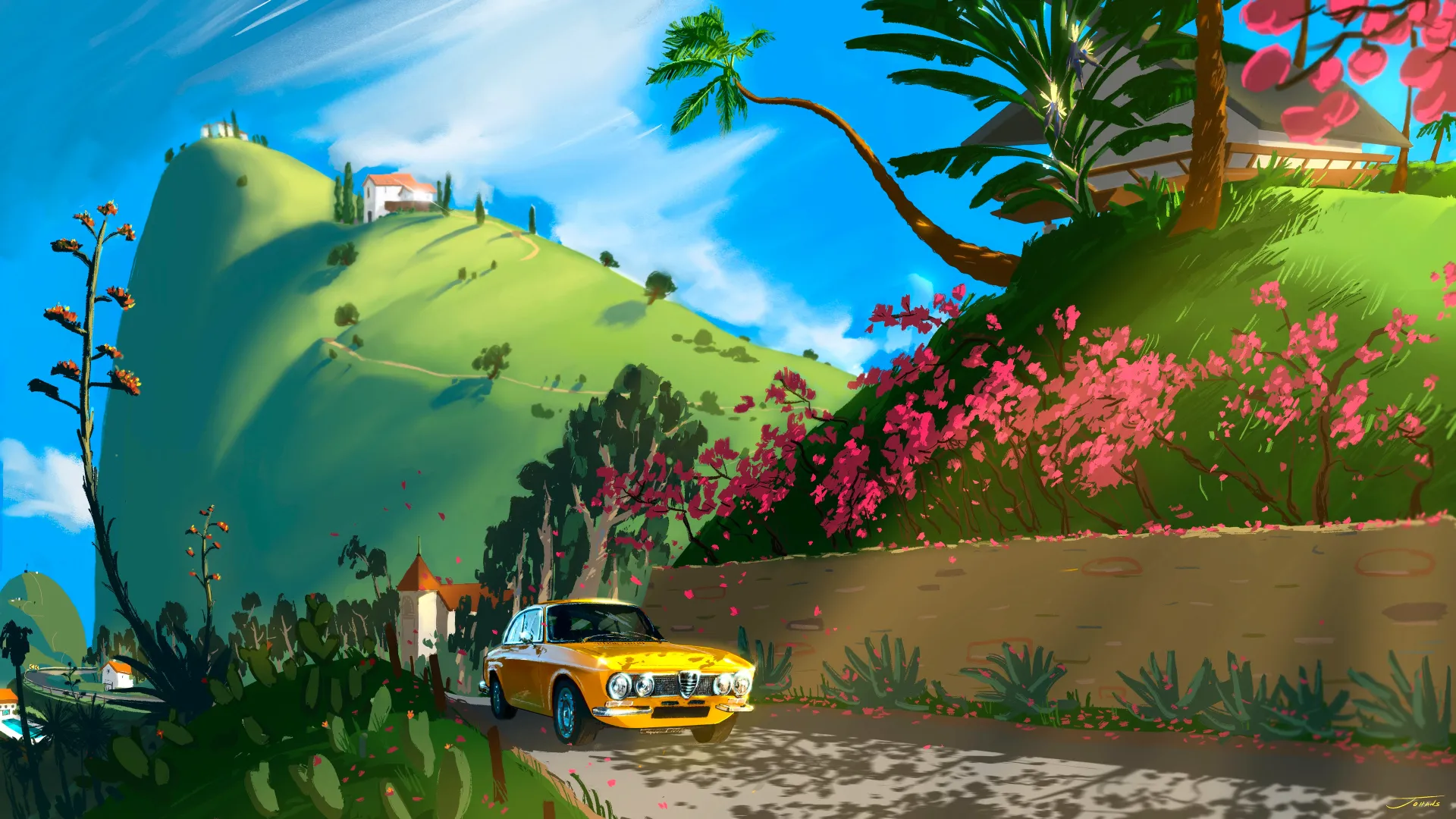 克莱顿·约翰逊 风景 黄色汽车 汽车 鲜花 扇形艺术 粉花 数码绘画 草地 数码艺术 景深 丘陵 艺术 阿尔法·罗密欧 阿尔法·罗密欧 阿尔法·罗密欧 