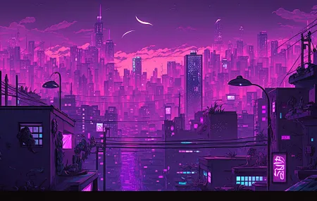  城市 插图 紫色 城市灯光 建筑 