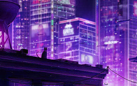  猫 灯光 霓虹灯 城市 城市灯光 建筑 建筑 未来主义 未来主义城市 AI艺术 紫色 背光 东京 城市景观 新东京 动物 