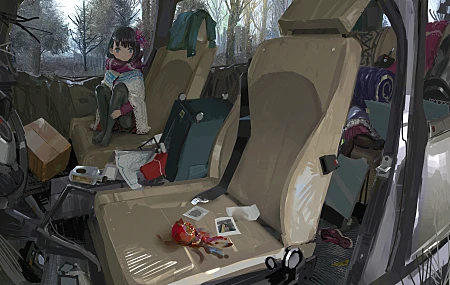 原创人物 刘海 坐着 画 黑头发 头发上的花 围巾 针织品 被遗弃的 树 环境 汽车 动漫 莫伊勒 动漫女孩 AI艺术 