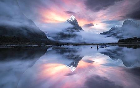  风景 自然 摄影 山脉 天空 反射 冬季 日出 梦境 新西兰 米尔福德湾 峰值 