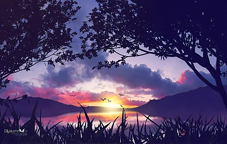 数码艺术 原图 版 摄影 照片处理 润色 夏天 太阳 阳光 日落 日出 傍晚 黄昏 鸟类 动物 飞行 水 海 山 云 天空 天景 剪影 梦景 自然 风景 树木 反射 紫色 