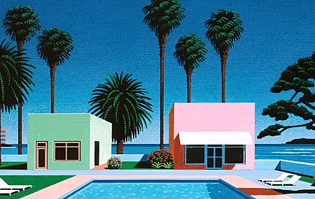 绿色，粉色，蓝色，棕榈树，房屋，游泳池，树木，艺术品，永井浩史，电脑壁纸，4K壁纸