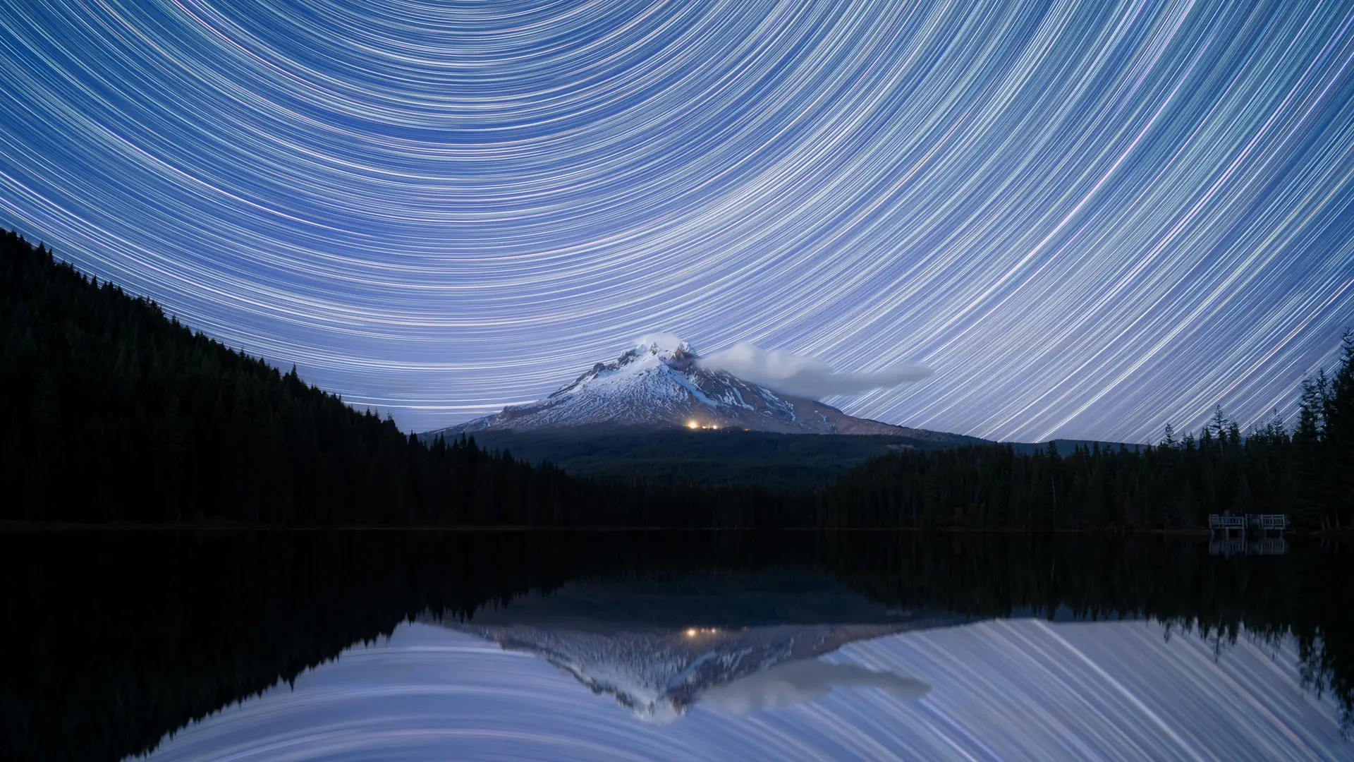 自然 风景 夜 星 黑暗 长的火山 山 松树 森林 湖 反射 雪峰 摄影 胡德山 俄勒冈州 云 