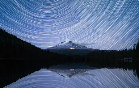 自然 风景 夜 星 黑暗 长的火山 山 松树 森林 湖 反射 雪峰 摄影 胡德山 俄勒冈州 云 
