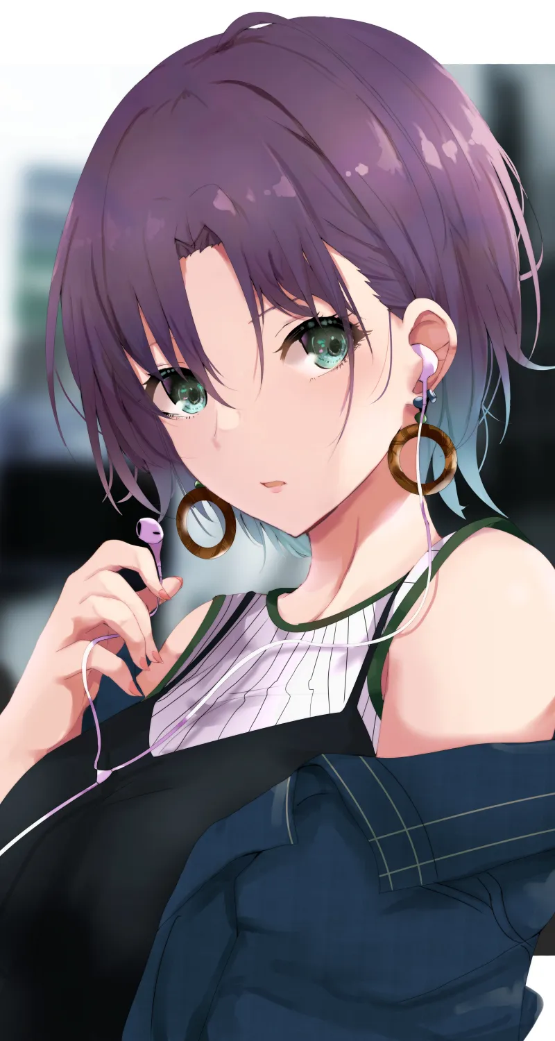 龙 短发 紫色头发 绿眼睛 动漫 动漫女孩 AI艺术 人像显示屏 耳机 4壁纸