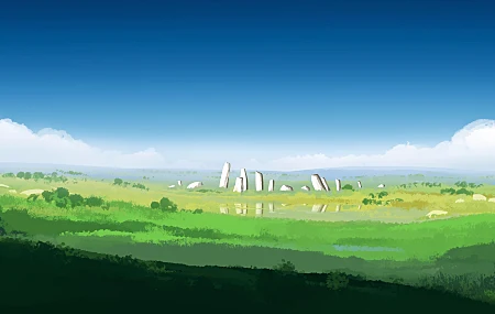 优雅 AI艺术 图片 插图 环境 风景 田野 云 绿色 宽屏 天空 草地 