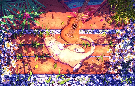克里斯蒂安·贝纳维德斯 AI艺术 奇幻艺术 猫 吉他 鲜花 长凳 阳光 乐器 花瓣 动物 