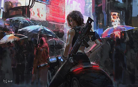 女人 亚洲 越南 武器 城市 雨伞 雨 未来主义 摩托车 奇幻艺术 夜晚 