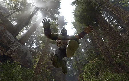 超级英雄 跳跃 虫眼 森林 树叶 屏幕截图 漫威漫画 树 绿巨人 小角度 正面视图 