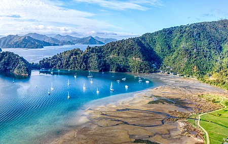 风景 水 山脉 海湾 船 新西兰 皮克顿 海滩 丘陵 