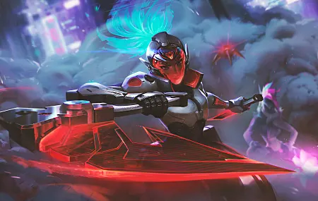 阿卡利 英雄联盟 电子游戏人物 奇幻女孩 战士 英雄联盟 武器 奇幻艺术 盔甲 赛博朋克 烟雾 战斗 绘图 插图 红色 