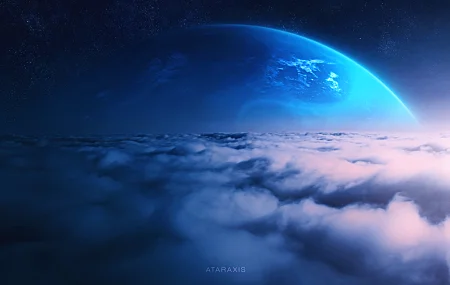 AI艺术 原图 插图 云 行星 空间艺术 事件视界 恒星 环境 蓝色 简单背景 极简主义 