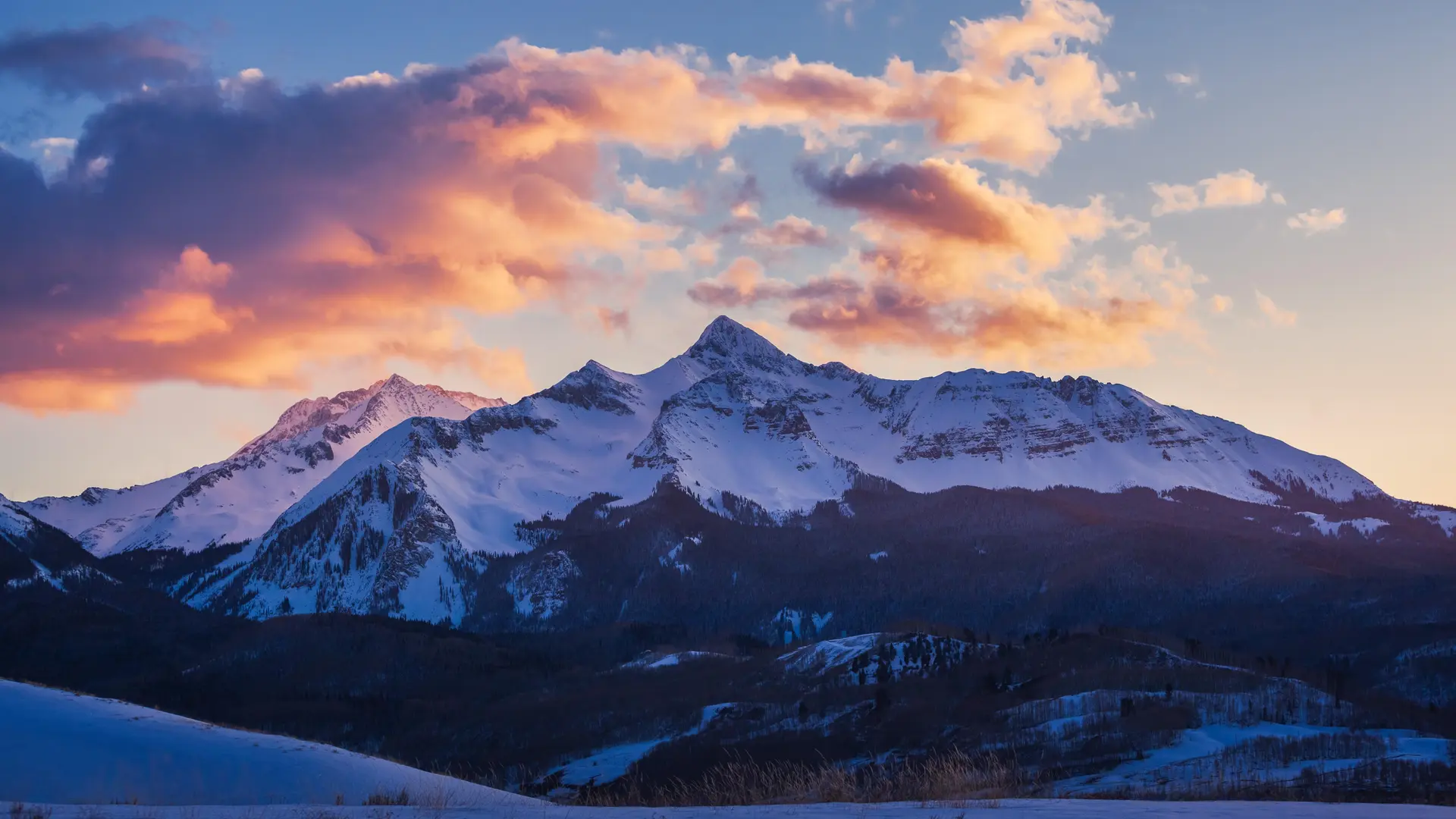 云 自然 冬天 雪 日落 科罗拉多州 风景 森林 田野 山口 夕阳辉光 山脉 