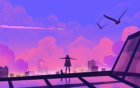 女性 AI艺术 插图 环境 粉色 紫色 粉色背景 概念艺术 自由 天空 天空景观 城市 城市景观 塔楼 摩天大楼 建筑 云 山 风景 鸟 户外 飞机 飞机 