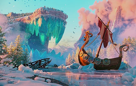 AI艺术 冬天 帆船 北欧海盗 冰冻的湖 霜冻 雪 湖 毒牙 烟 树 森林 奇幻艺术 洞穴 想象 水 船 冰 