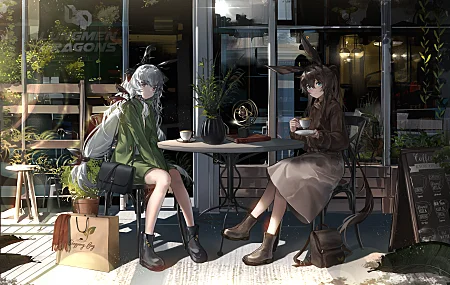 猫女孩 坐着 长发 交叉双腿 动漫女孩 AI艺术 咖啡 桌子 椅子 窗户 包 兔子女孩 兔耳朵 阳光 杯子 饮料 树叶 植物 钱包 