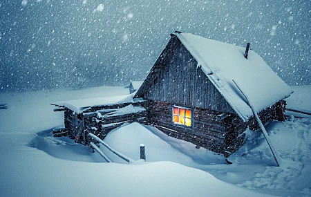 风景 冬天 雪 晚上 房子 