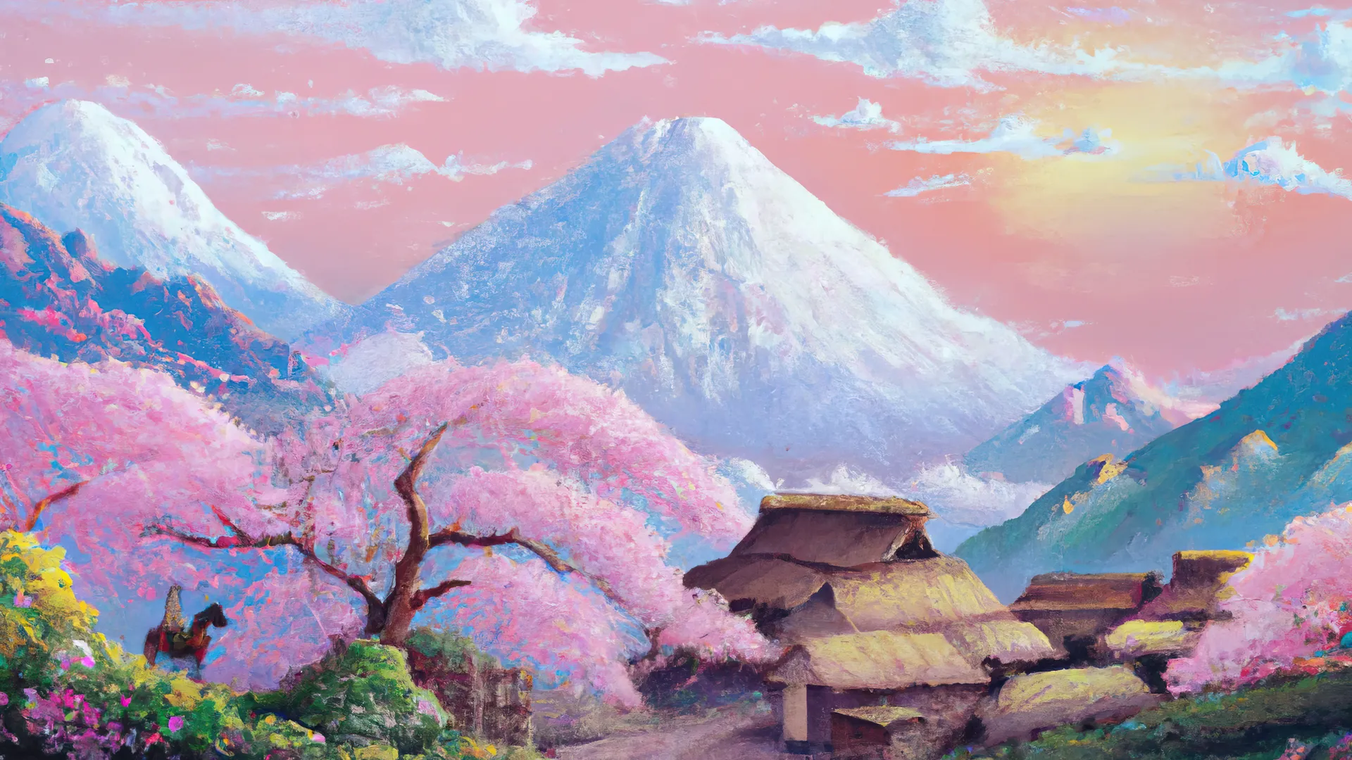 艺术 绘画 富士山 山 樱花 村庄 风景 