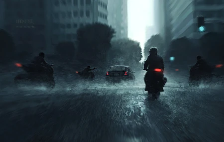 摩托车 汽车  运动模糊 AI艺术 雨中的摩托车