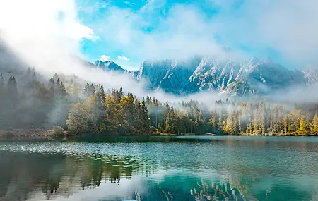 风景 湖泊 森林 意大利 山脉 薄雾 云 自然 青色 