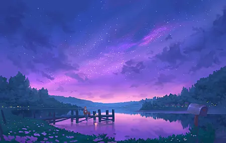 夜 星星 湖 码头 紫色 蓝色 星空 码头 平静 