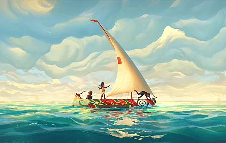 儿童 AI艺术 插图 风景 海洋 水 船 云 帆船 自然 天空 