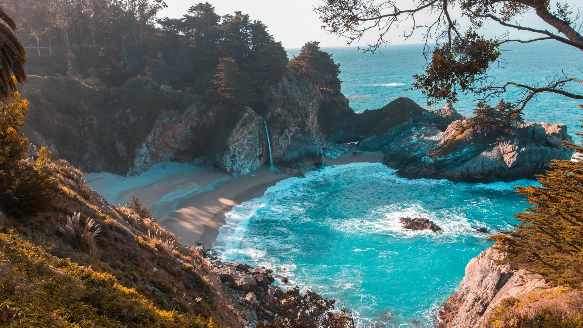 自然 水 海 岩石 树木 蓝色 风景 大苏尔 绿松石 朱莉娅·菲弗·伯恩斯 加利福尼亚州 