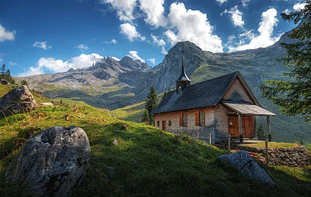 风景 自然 瑞士 山脉 天空 云 房屋 草地 阴影 