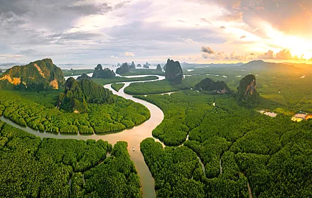 泰国 风景 自然 河流 森林 岩石 山脉 天空 云 日落 鸟瞰 