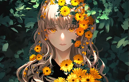  动漫 动漫女孩 植物 鲜花 向日葵 黄眼睛 哭泣 