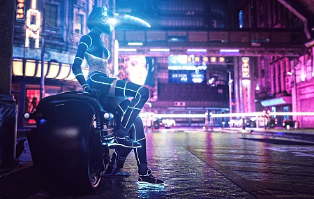 科幻小说 霓虹灯 夜 街道 城市 粉红色 摩托车  电脑壁纸 4K壁纸