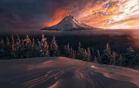 云 自然 风景 日落 俄勒冈州 冬天 雪 山脉 夕阳辉光  电脑壁纸 4K壁纸