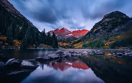 风景 山 湖 天空 日落 自然 松树 反射 长的 栗色的钟声  电脑壁纸 4K壁纸